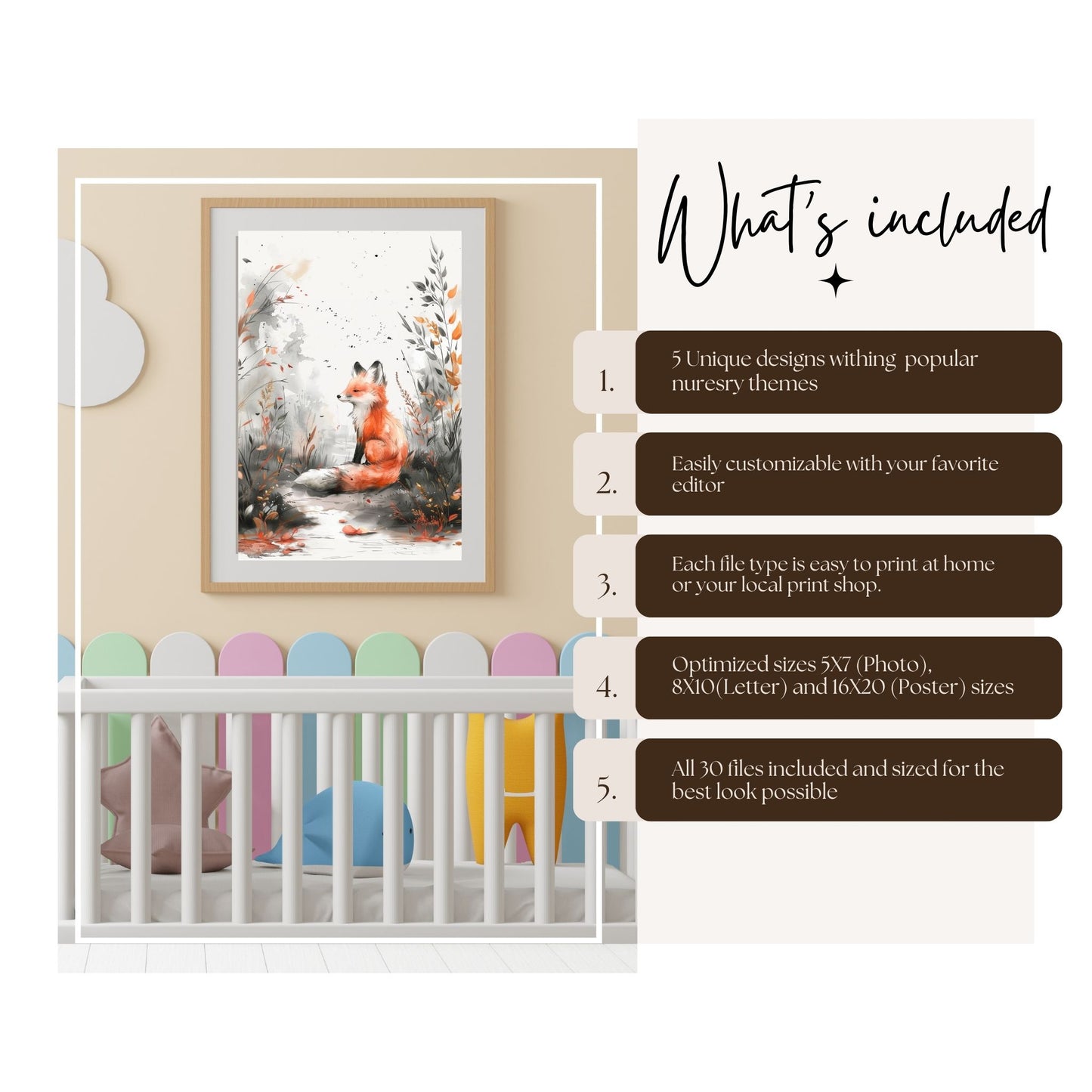 Neutral Woodland Nursery Wall Art Bundel of 5 Animals on Woodland Path Editable PDFs for Download