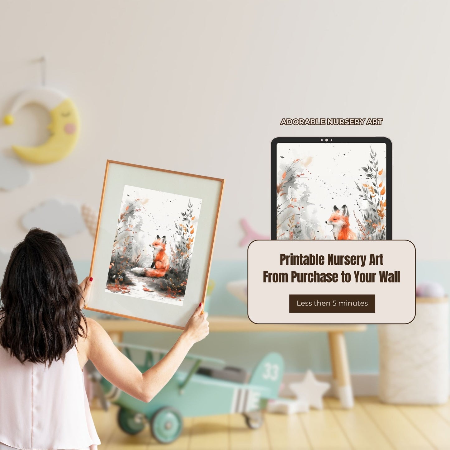 Neutral Woodland Nursery Wall Art Bundel of 5 Animals on Woodland Path Editable PDFs for Download