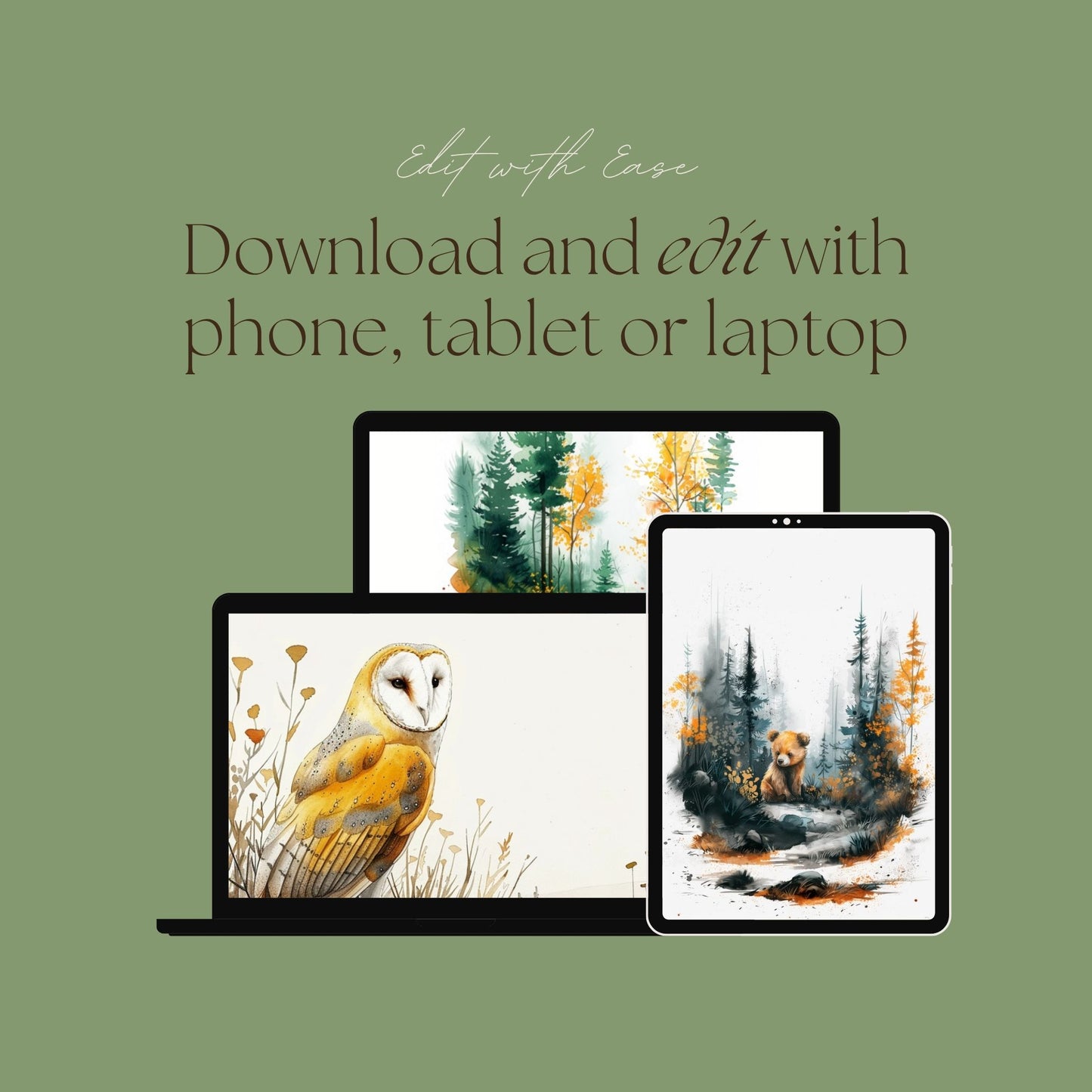 Neutral Woodland Nursery Wall Art Bundel of 5 Animals on Woodland Path Editable PDFs for Download