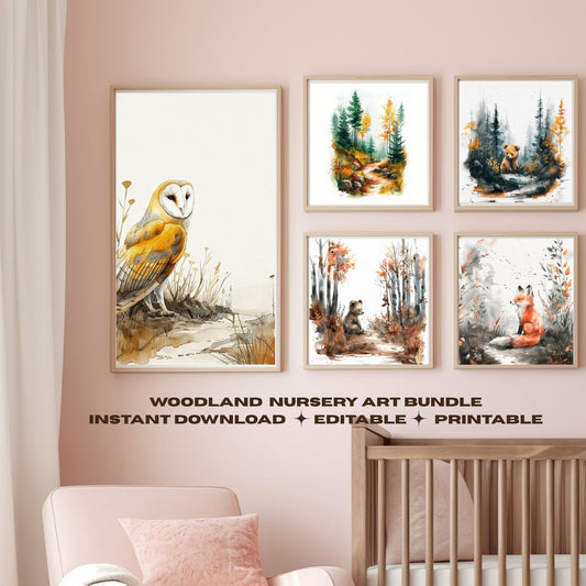 Neutral Woodland Nursery Wall Art Bundel of 5 Animals on Woodland Path Editable PDFs for Download