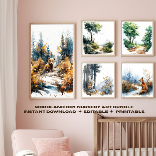 Boy Woodland Nursery Wall Art Bundel of 5 Animals on a Woodland Path Editable PDFs for Download