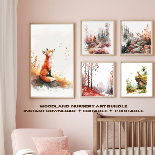Girl Woodland Nursery Wall Art Bundel of 5 Animals of Woodland Path Editable PDFs for Download